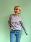 Rose langærmet bluse i striber - Gul/lilla